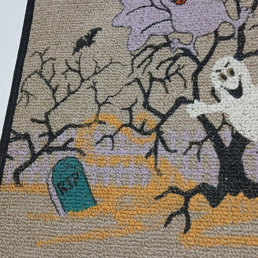 Happy Halloween Vintage Kitsch Cute Door Mat Haunted House Ghosts Bat 24 x 18